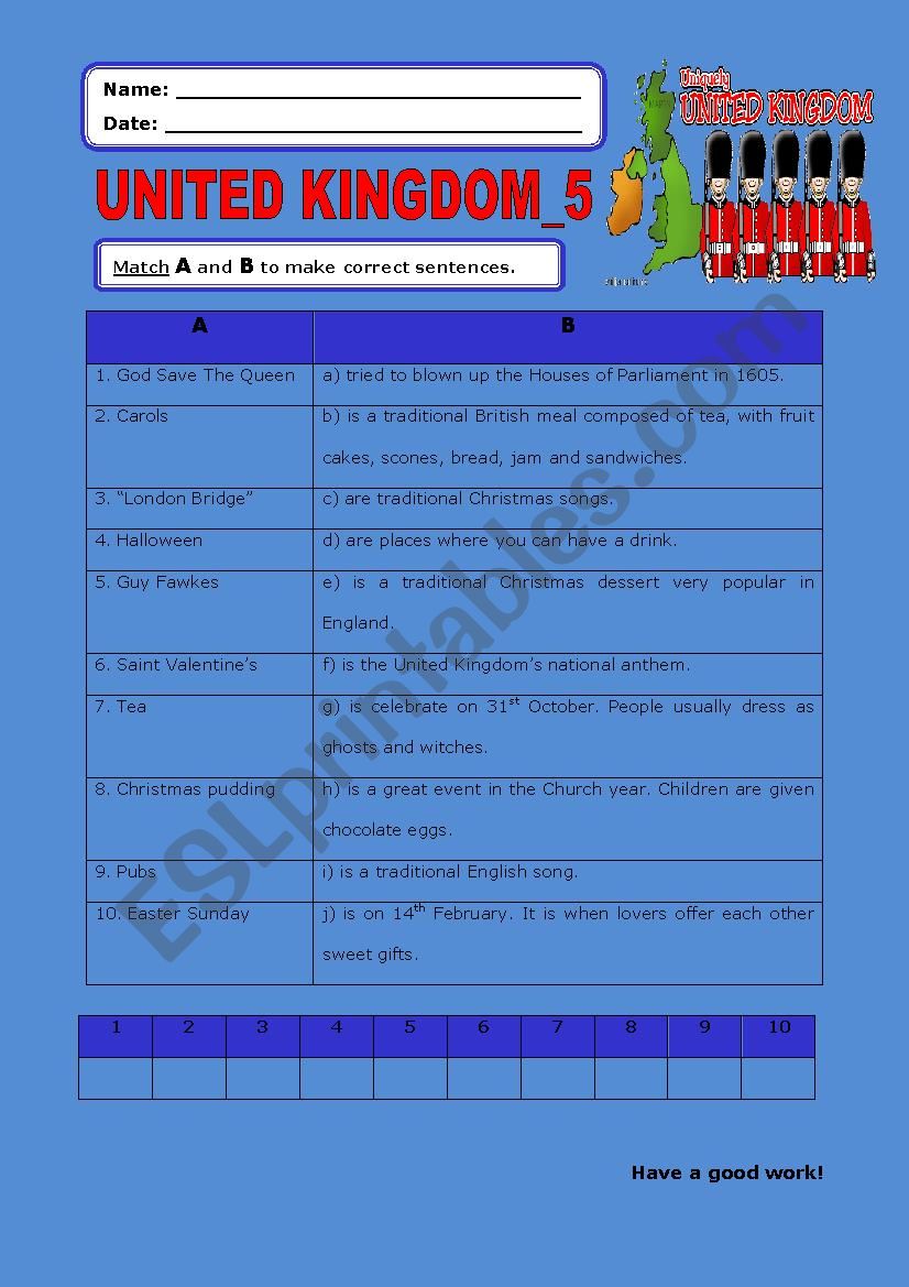 United Kingdom:5 worksheet