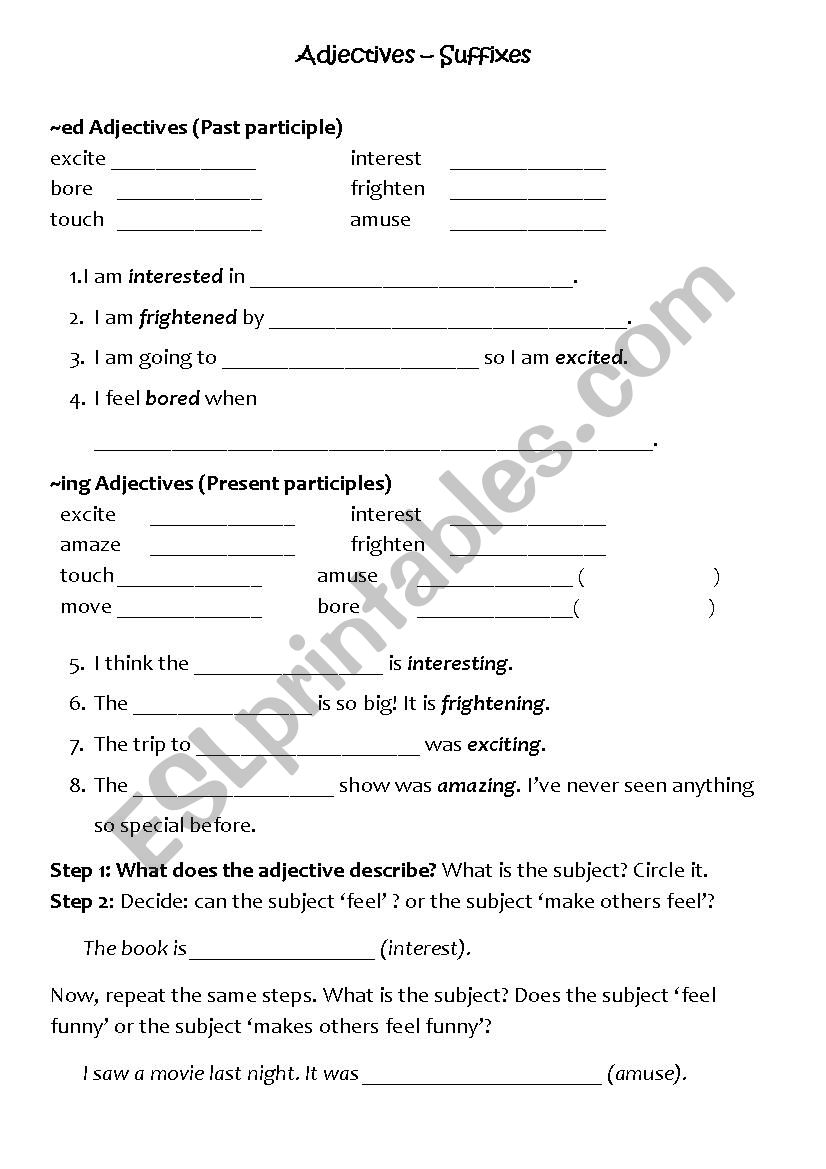 adjective suffix:~ed adjective vs ~ing adjectives