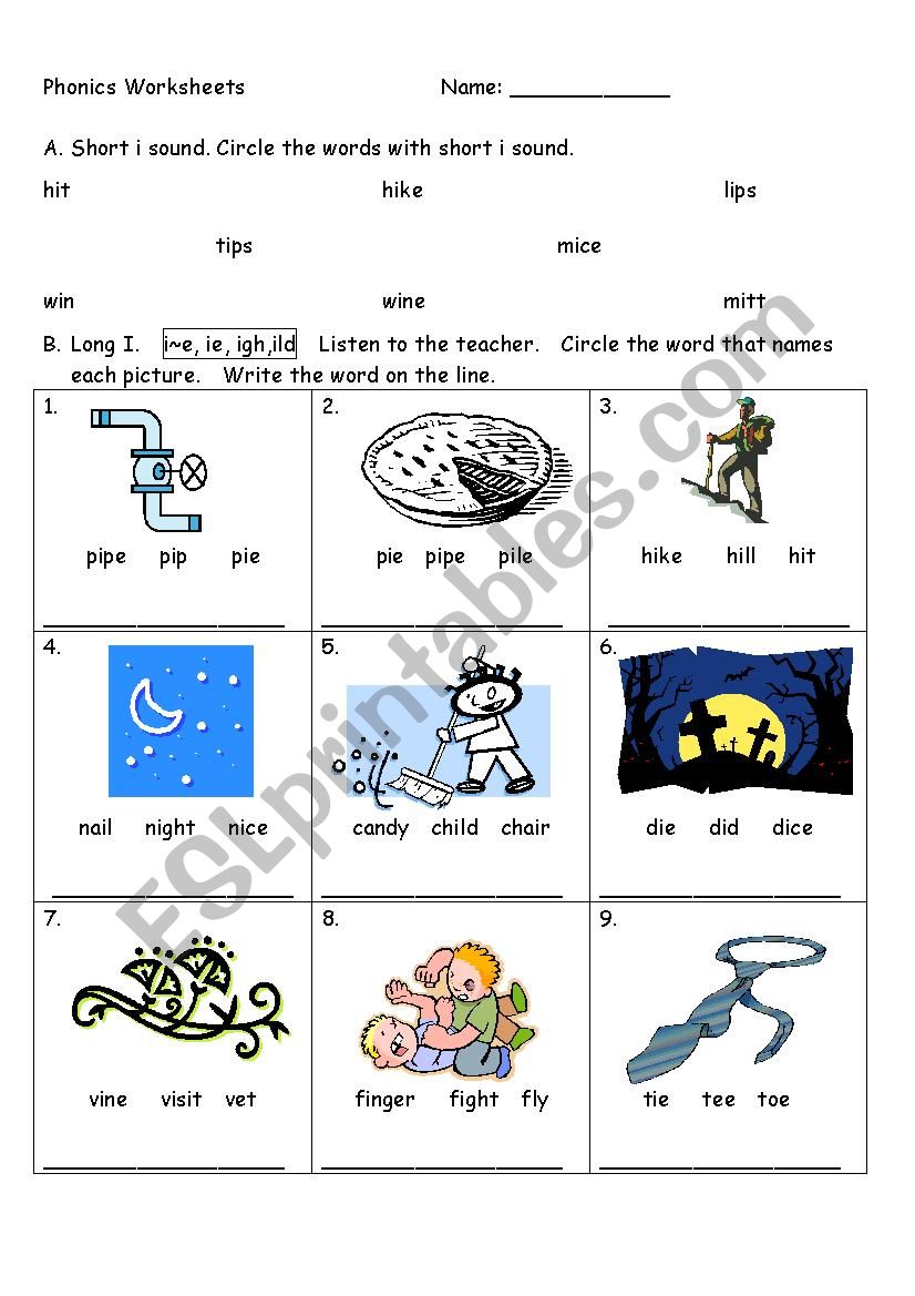 Phonics Worksheet Short i VS Long i