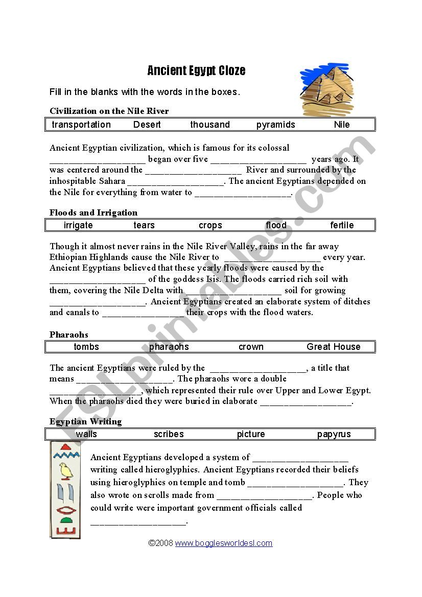 Ancient Egypt Cloze test worksheet