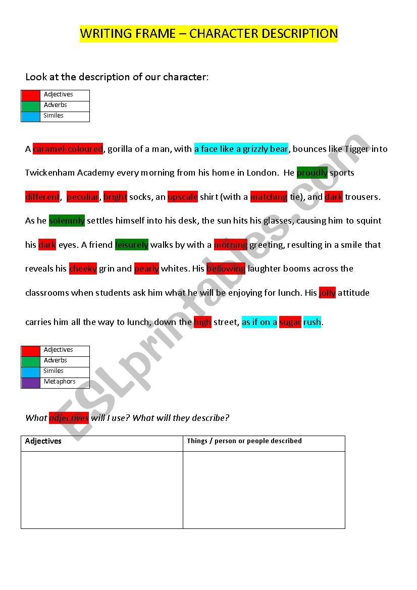 Frame for descriptive writing worksheet