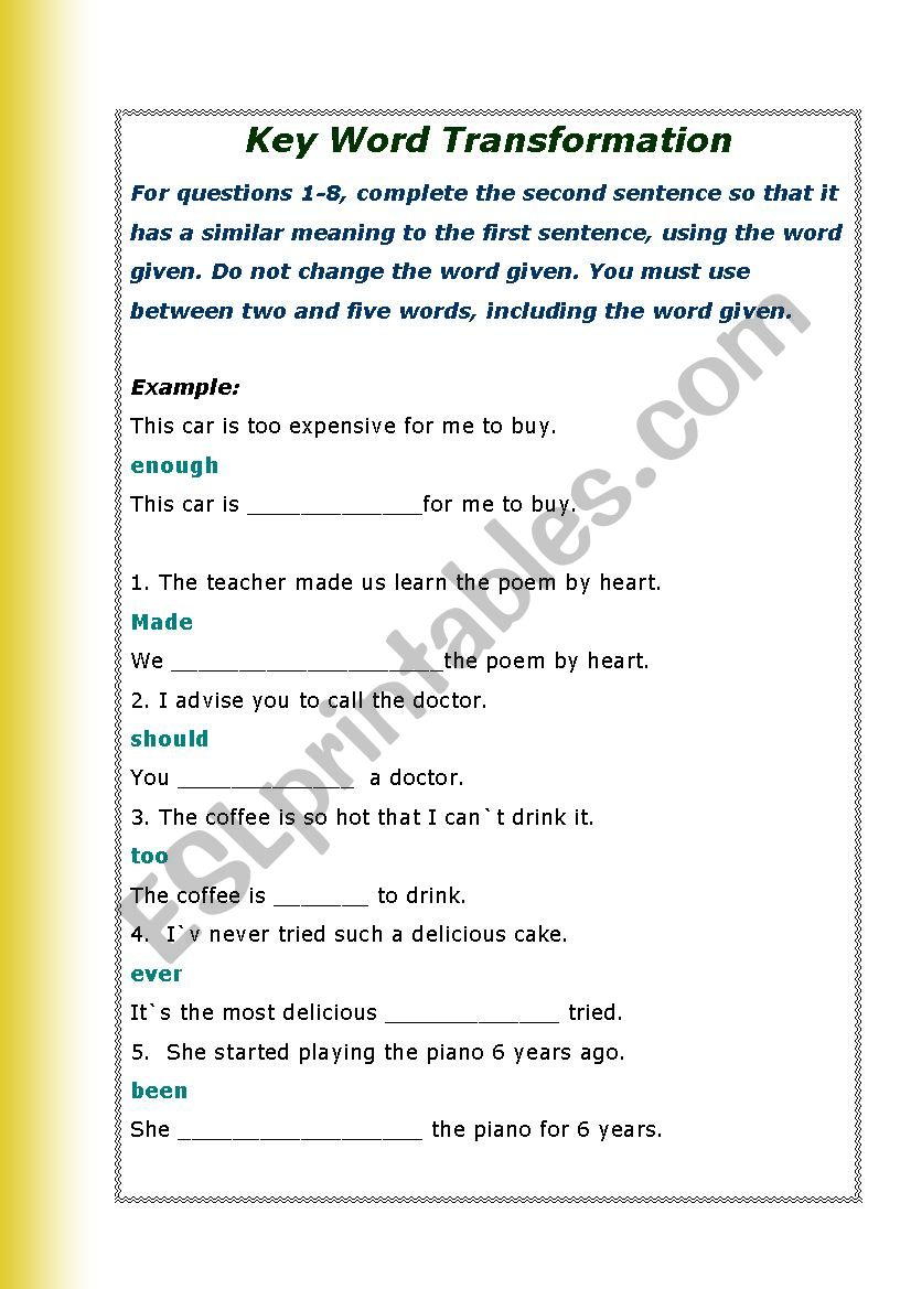 Key Word Transformation Test worksheet