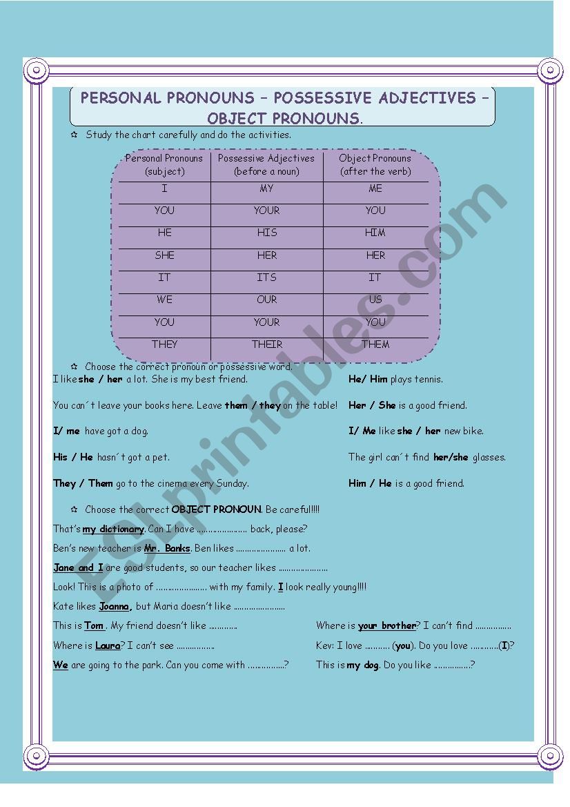 PERSONAL PRONOUNS POSSESSIVE ADJECTIVES OBJECT PRONOUNS