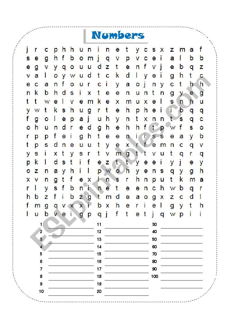 Numbers Word search worksheet