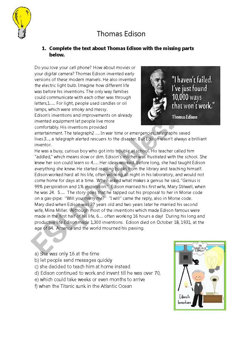 Thomas Edison worksheet