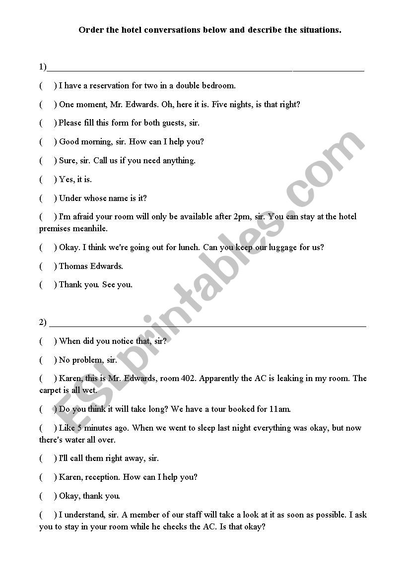 Hotel conversation worksheet