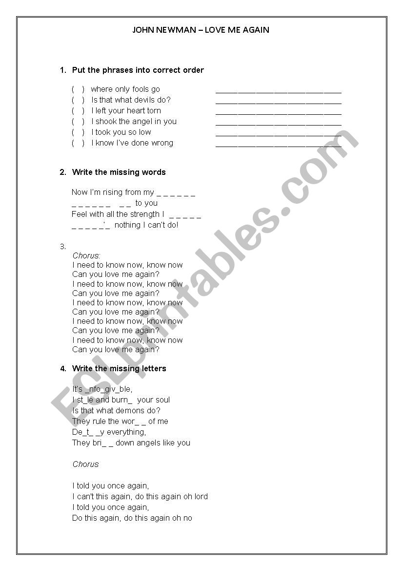 John Newman - Love me again worksheet