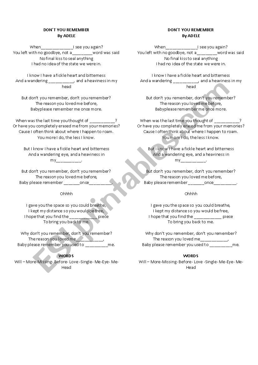 Dont you remember worksheet
