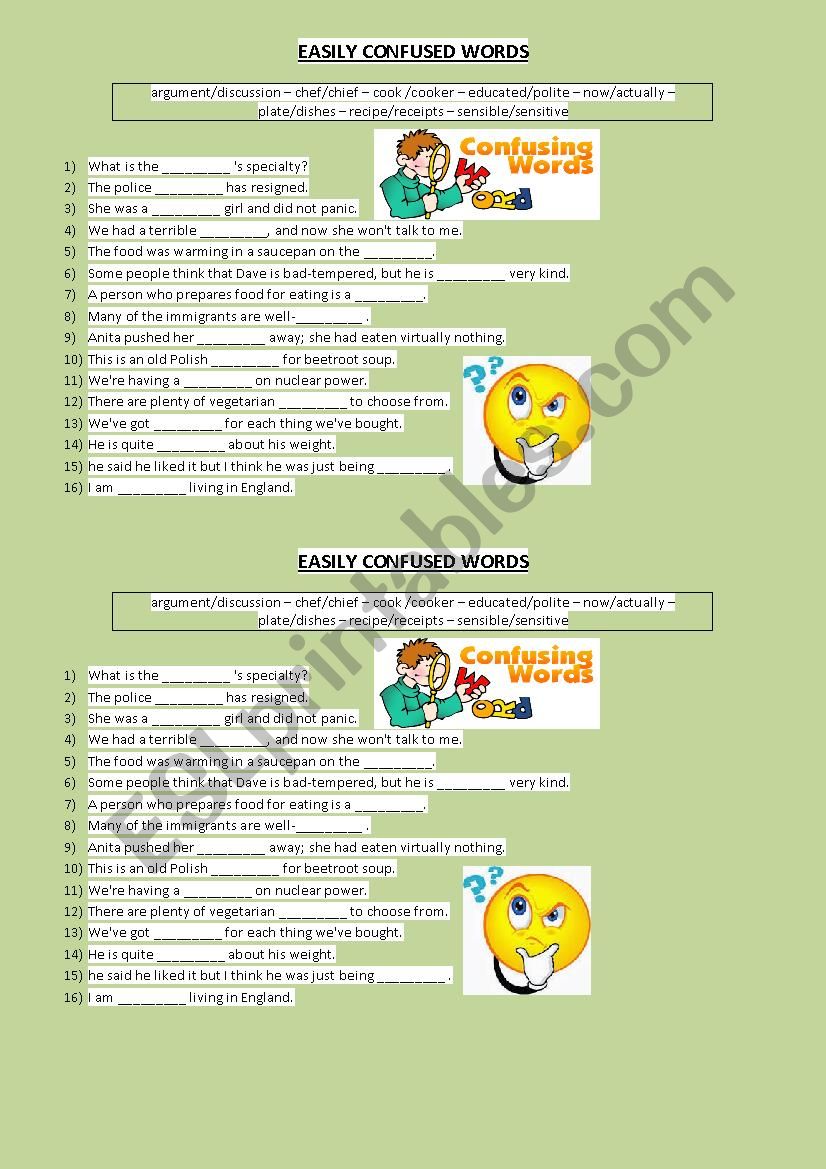 EASILY CONFUSED WORDS worksheet