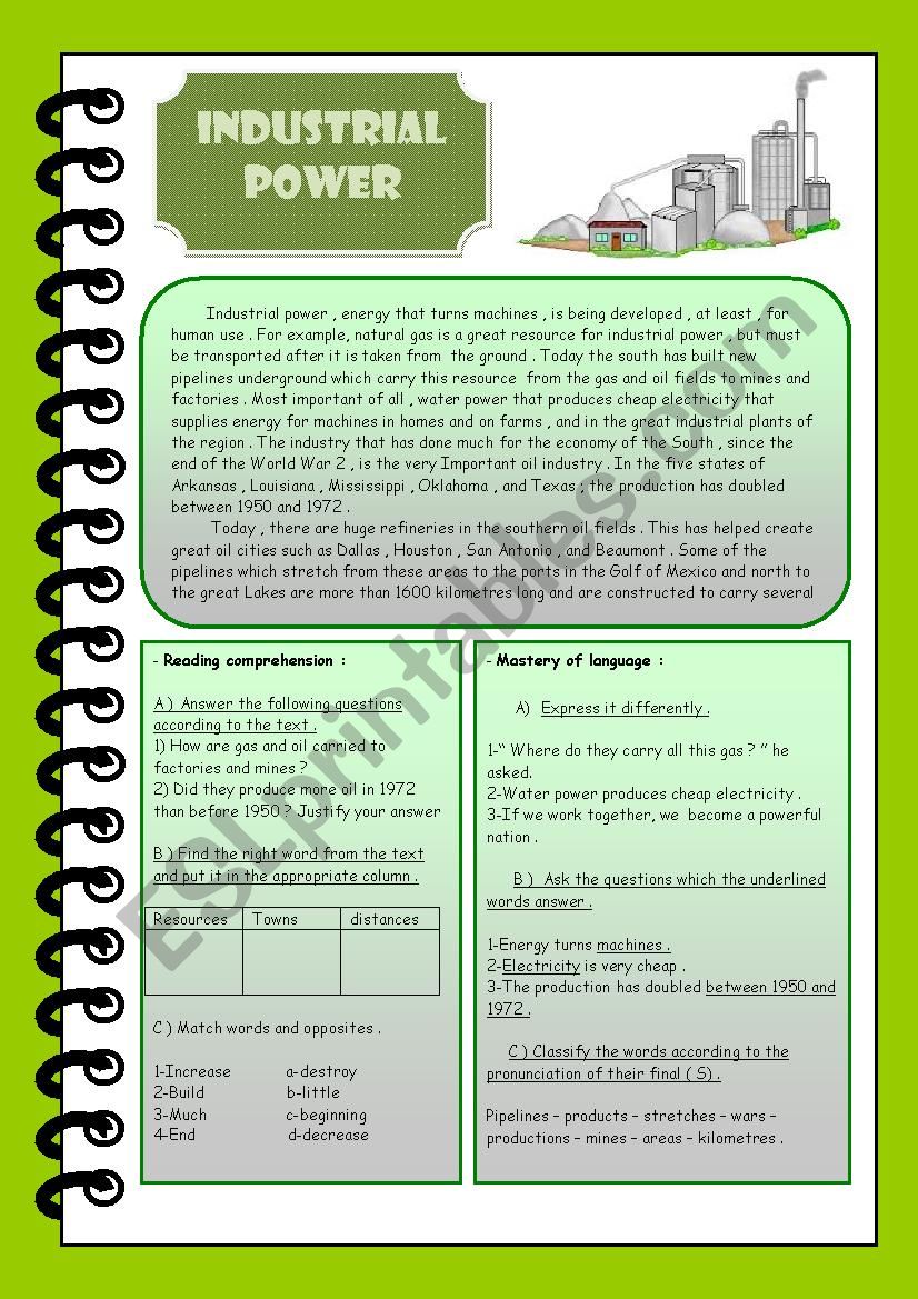 Industrial power  worksheet