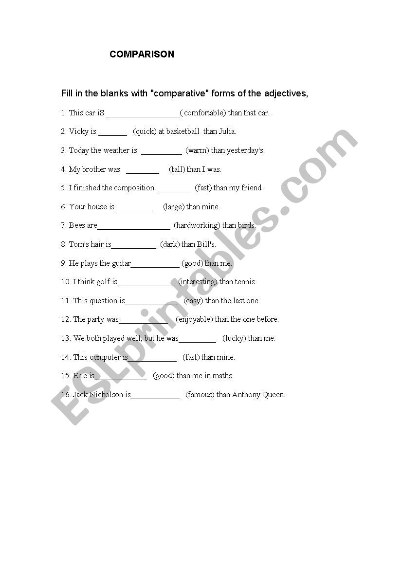 exercise for comparison worksheet