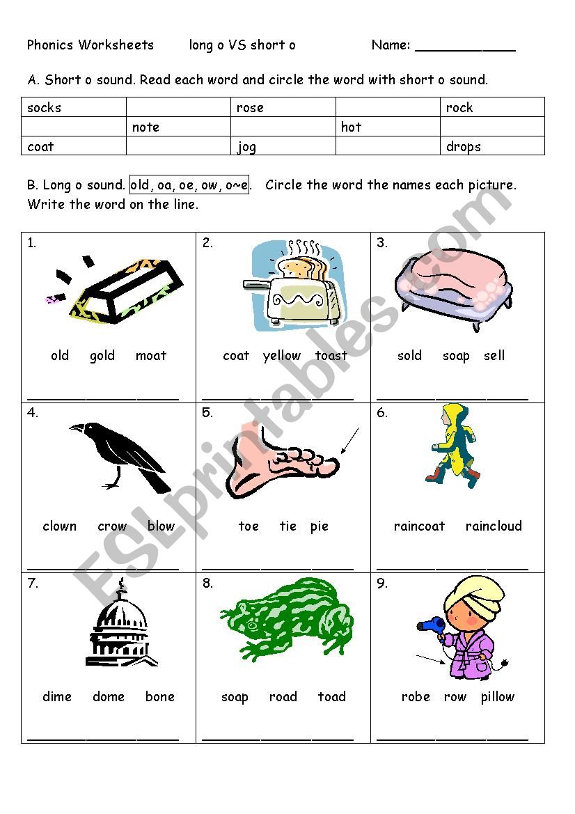 Phonics Worksheet Short o VS Long o