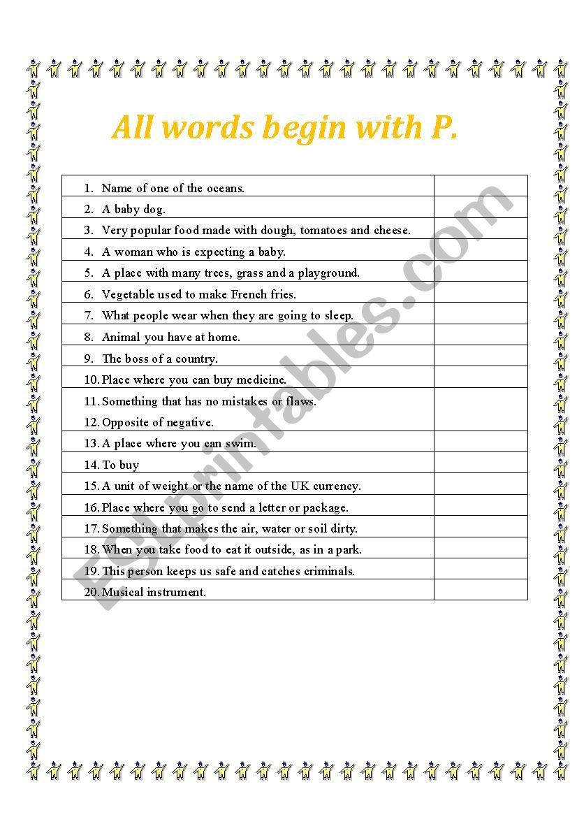 All words begin with P worksheet