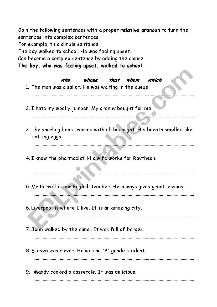 Complex Sentences With Relative Pronouns Worksheet