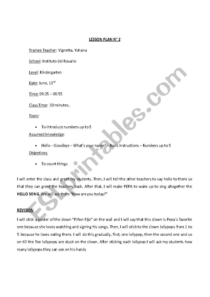 Lesson Plan 2 - kindergarten worksheet