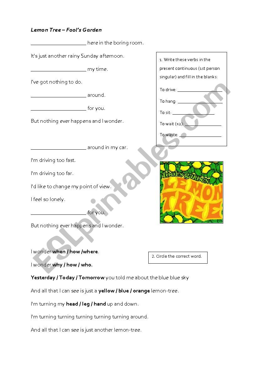 Lemon Tree Song Activity worksheet