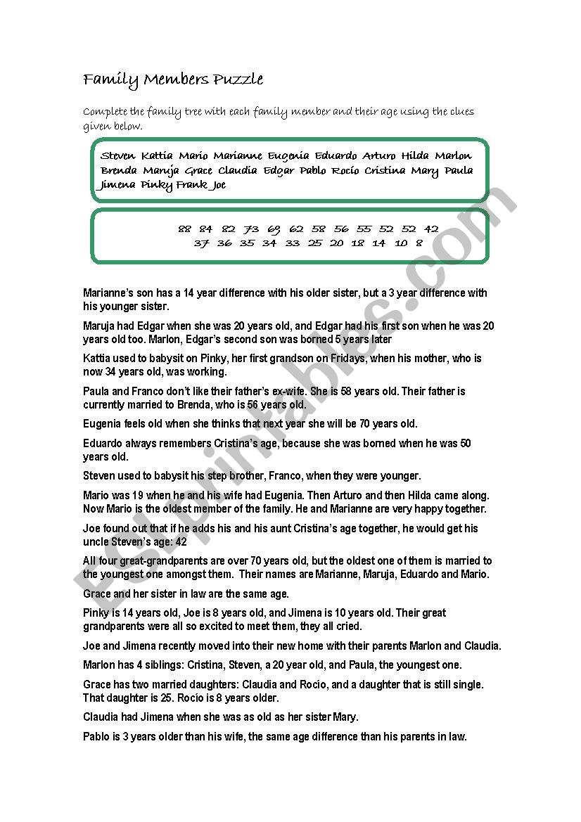 Family members logic Puzzle worksheet