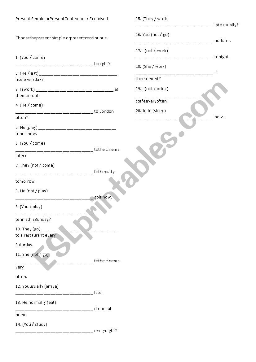 simple present  worksheet