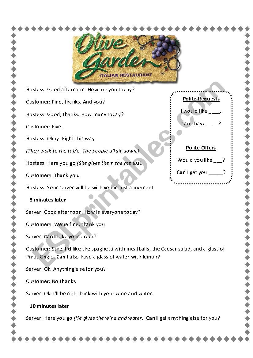 Lunch at Olive Garden--a polite requests dialogue