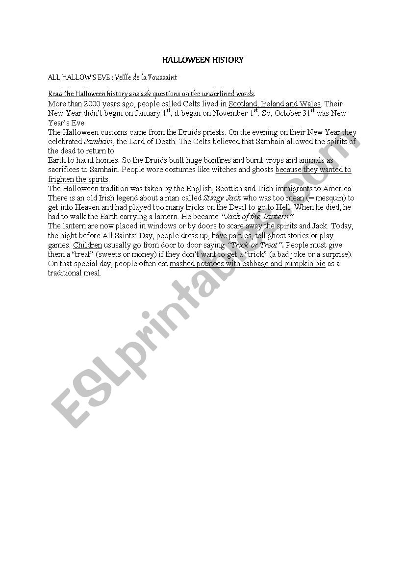 HALLOWEEN HISTORY worksheet