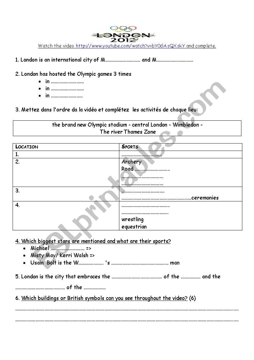 olympic games 2012 London worksheet