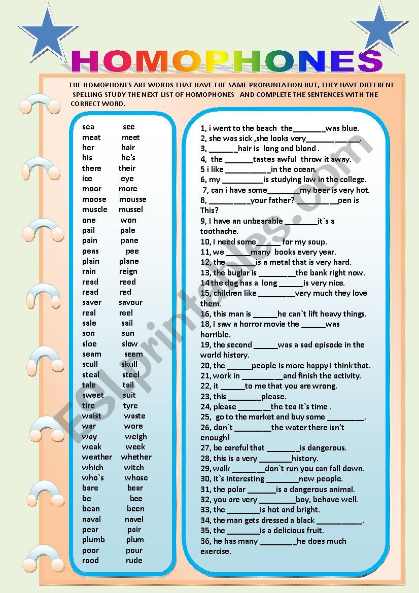 homophones worksheet