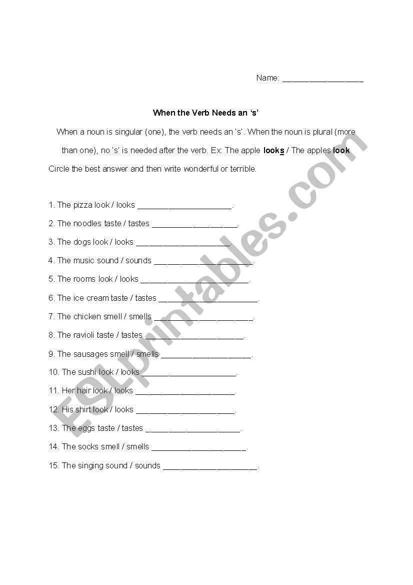 Third Person S worksheet