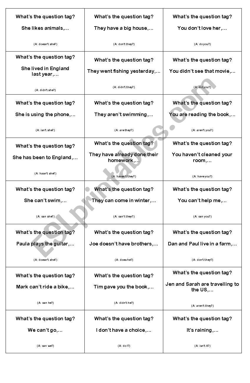 Cards for revision: Question tags, possessive pronouns, quantifiers