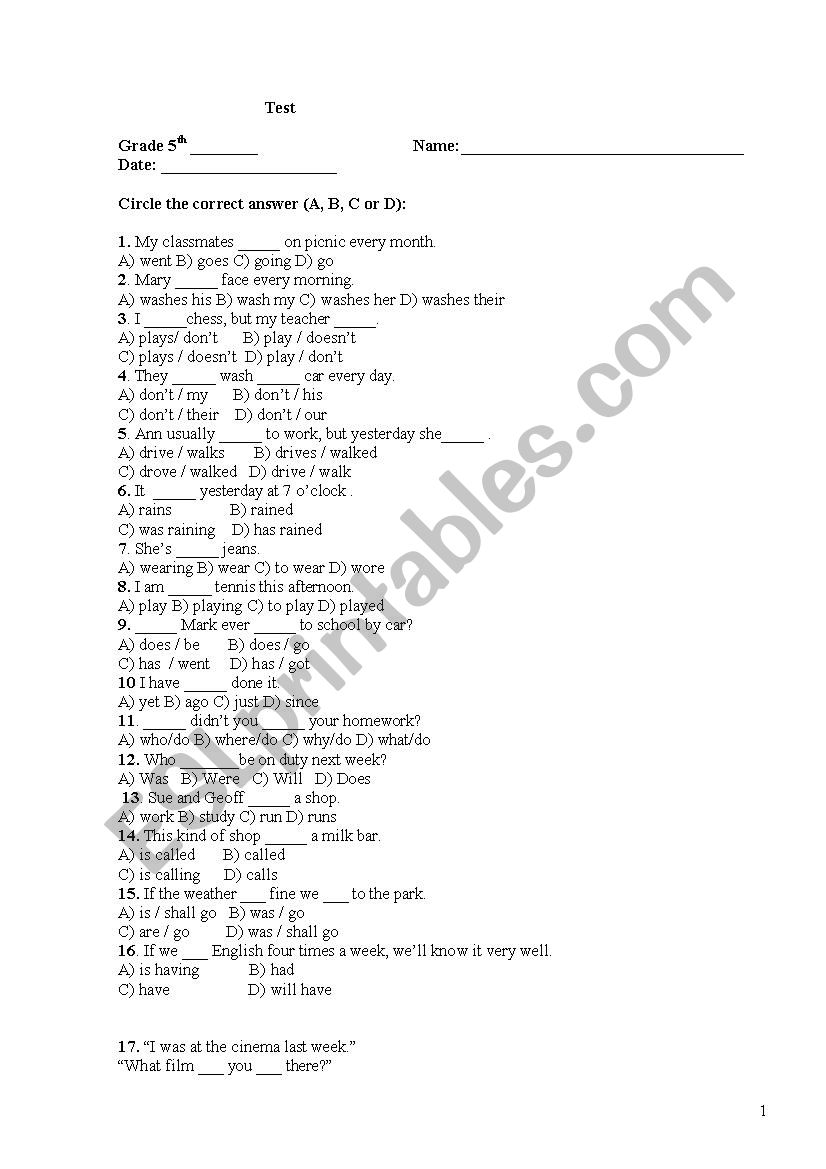 TEST GRAMMAR worksheet