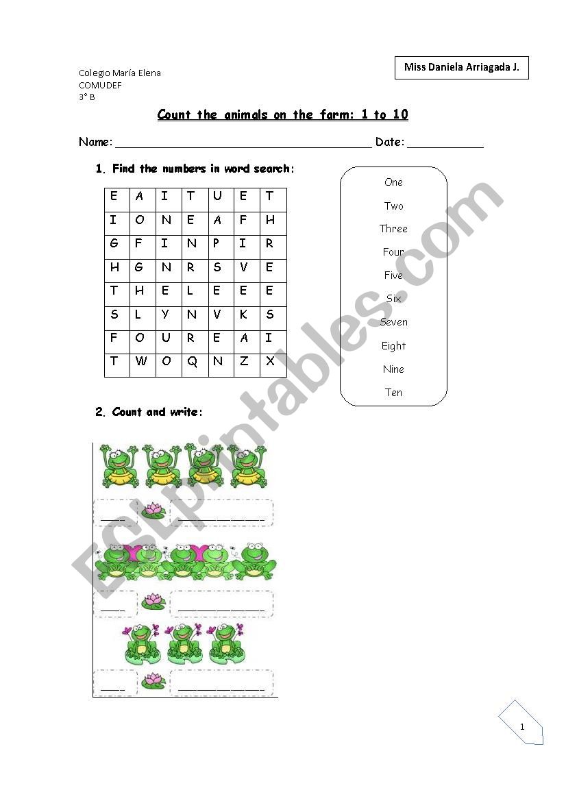Count the  animals 1 to 10 worksheet
