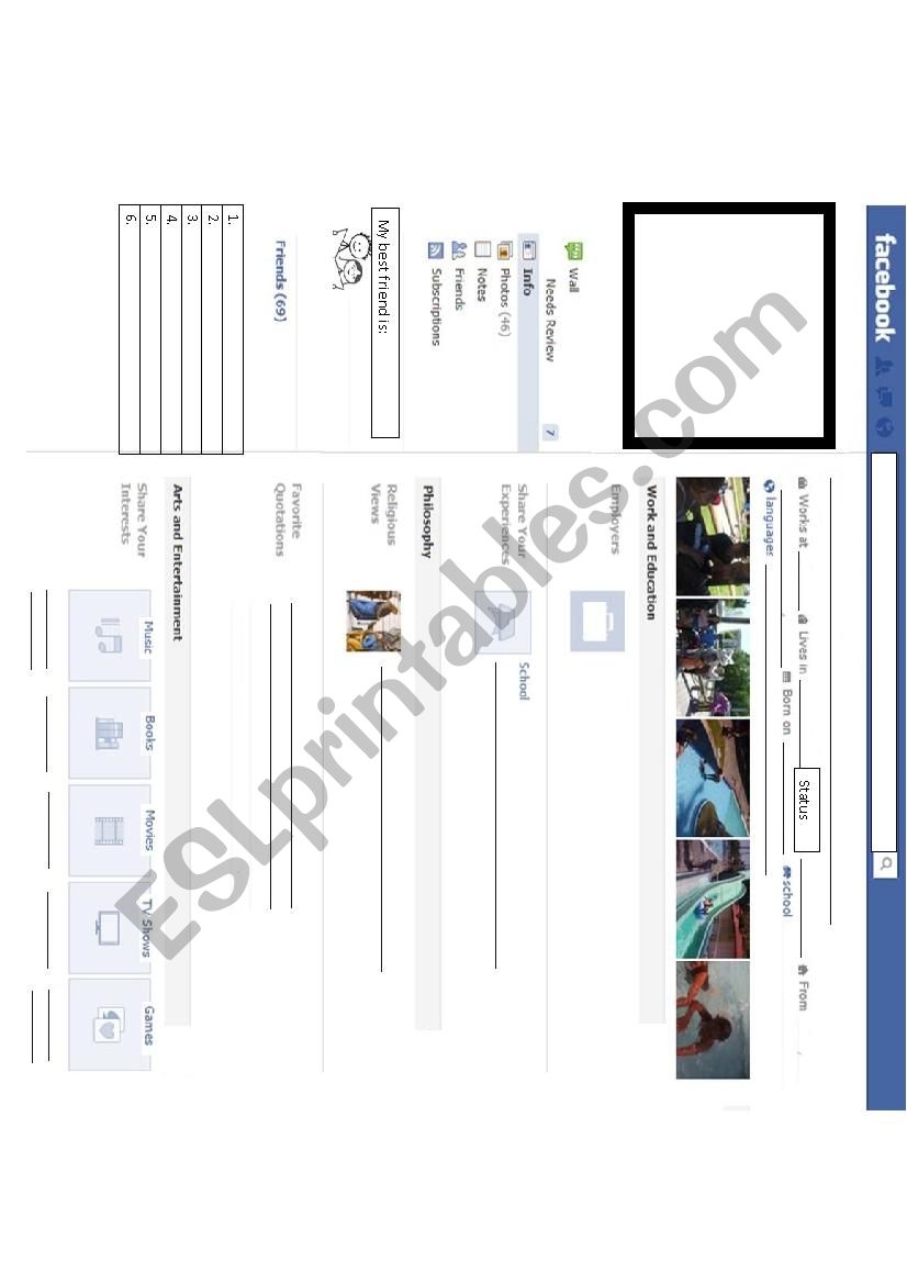 Facebook profile worksheet