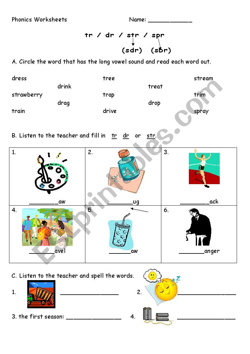 phonics tr,dr,str,spr worksheet