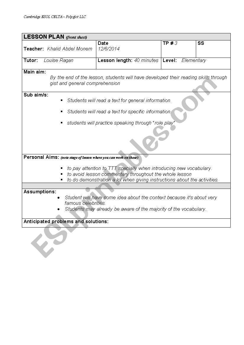 CELTA lesson Plan (reading) worksheet