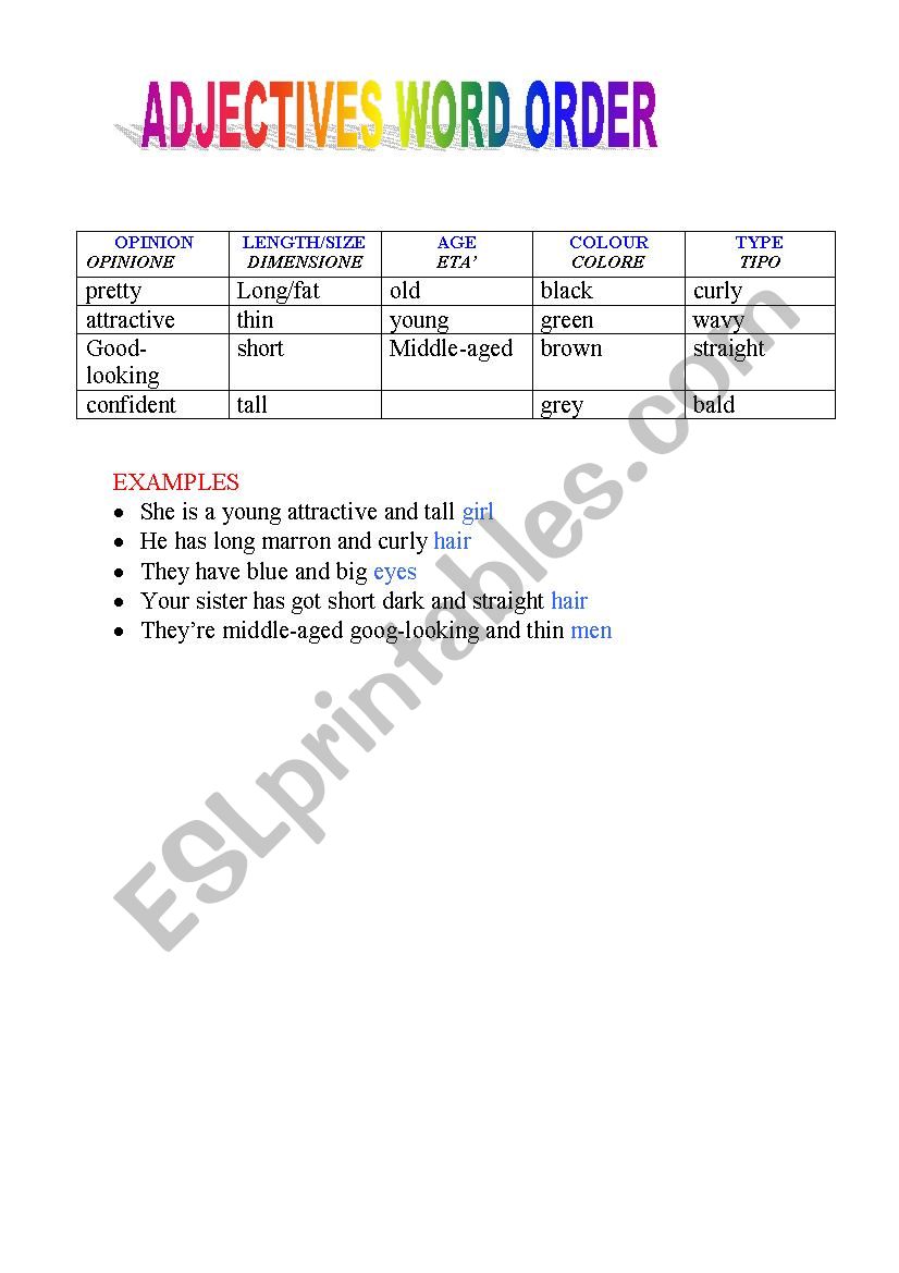 adjective word order worksheet