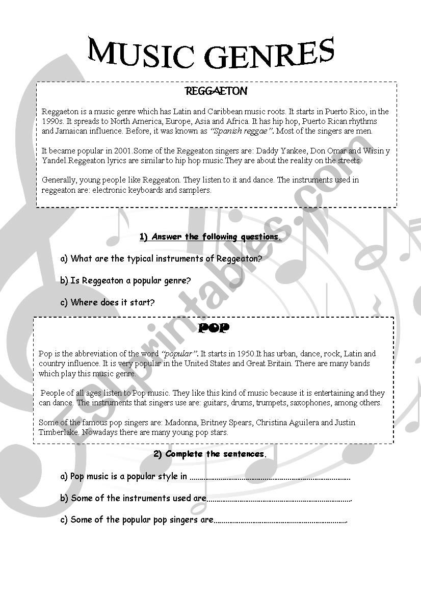 Music Genres worksheet