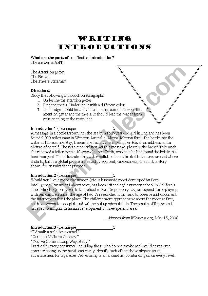 Writing Essay Introductions worksheet