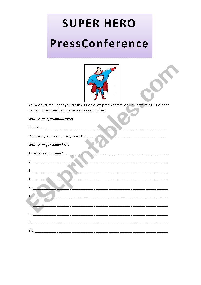 Super heroes press conference worksheet