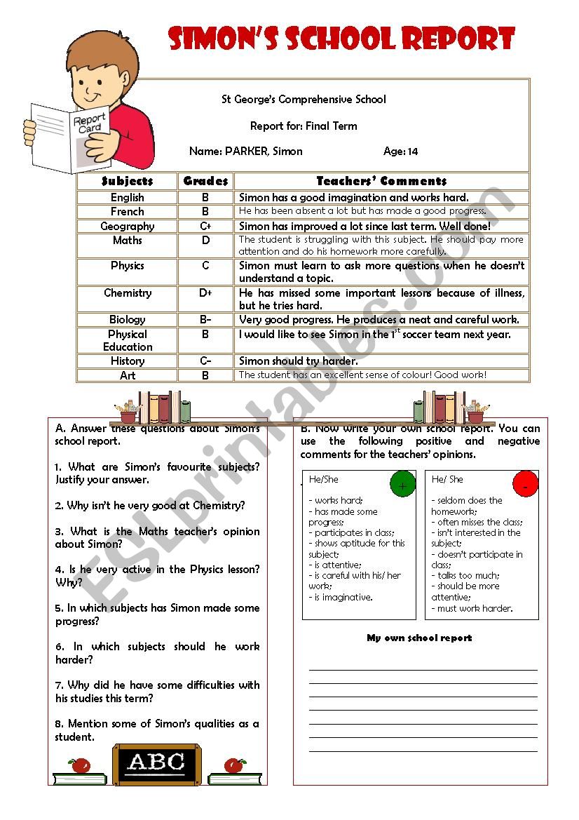 Simons school report worksheet