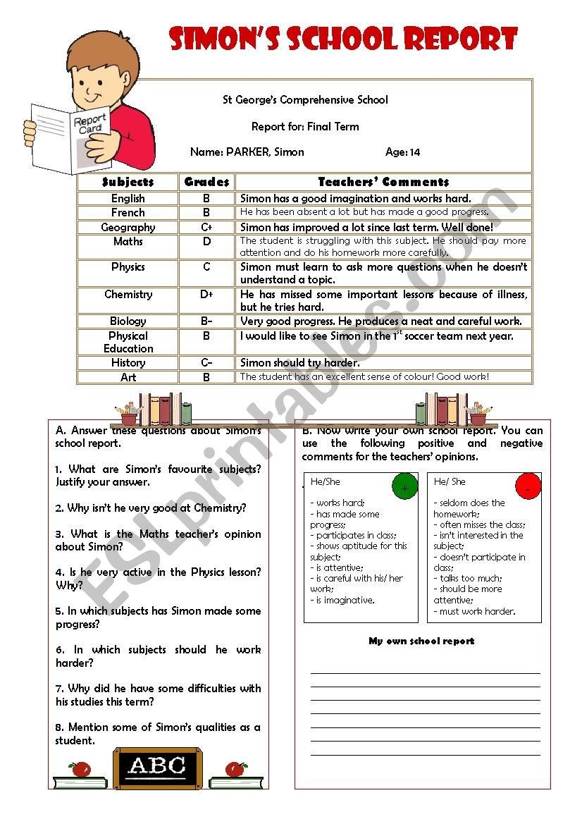 SimonÂ´s school report worksheet
