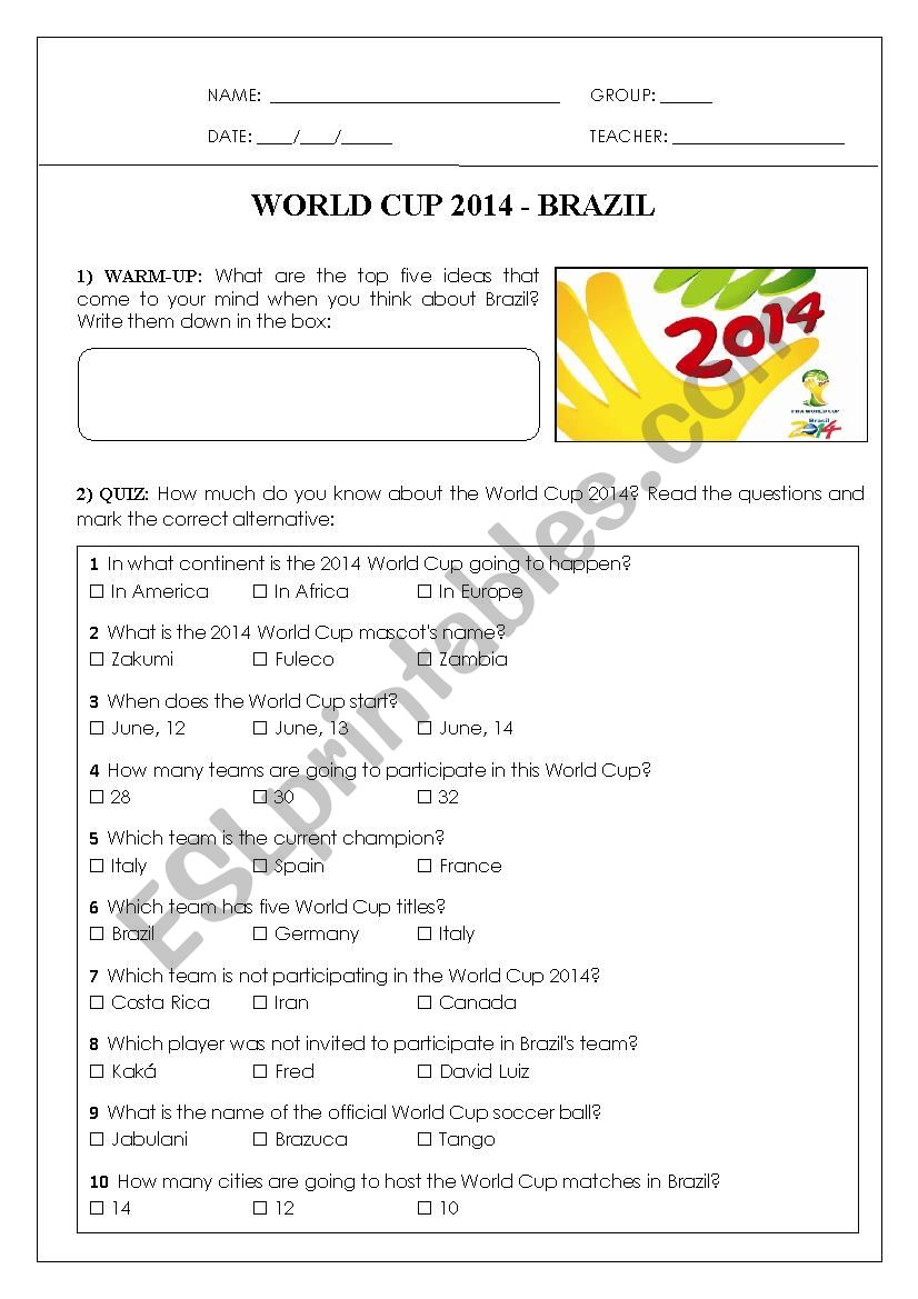 World Cup Quiz worksheet