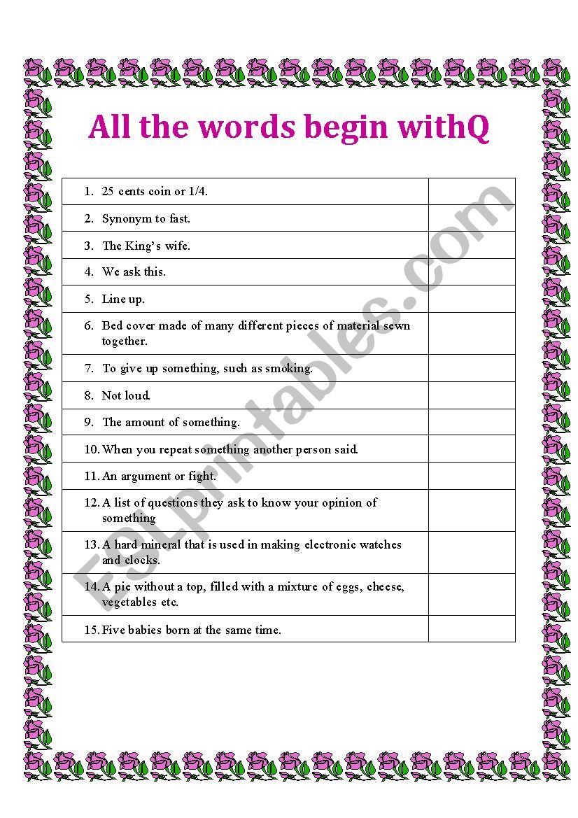 All words begin with Q worksheet