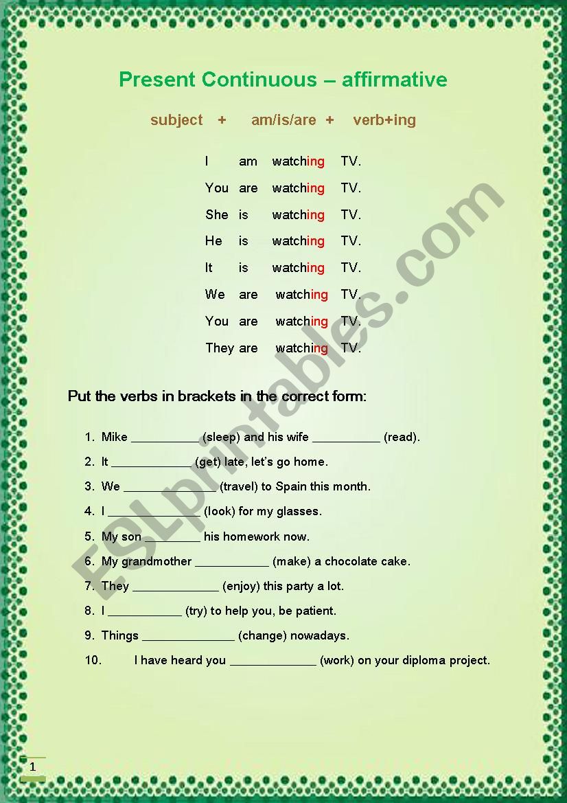 Present Continuous - 1/2 worksheet