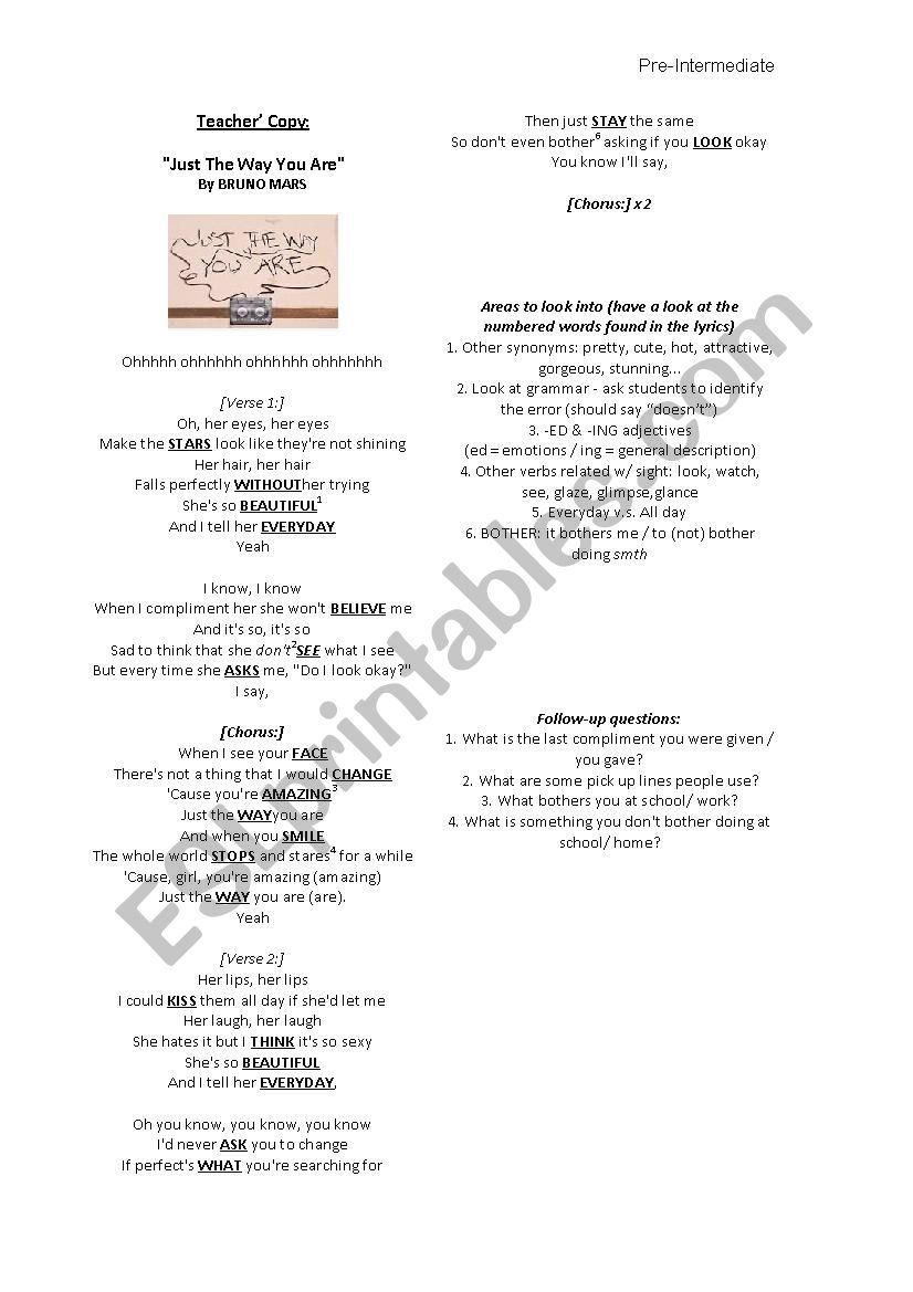 SONG: Bruno Mars: Just the way you are. Fill in the gaps & follow up activities