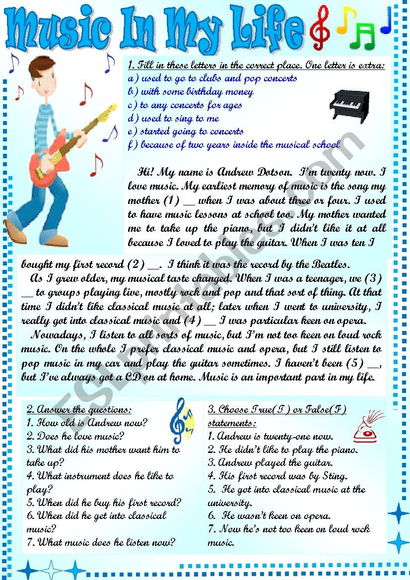 Music In My Life worksheet