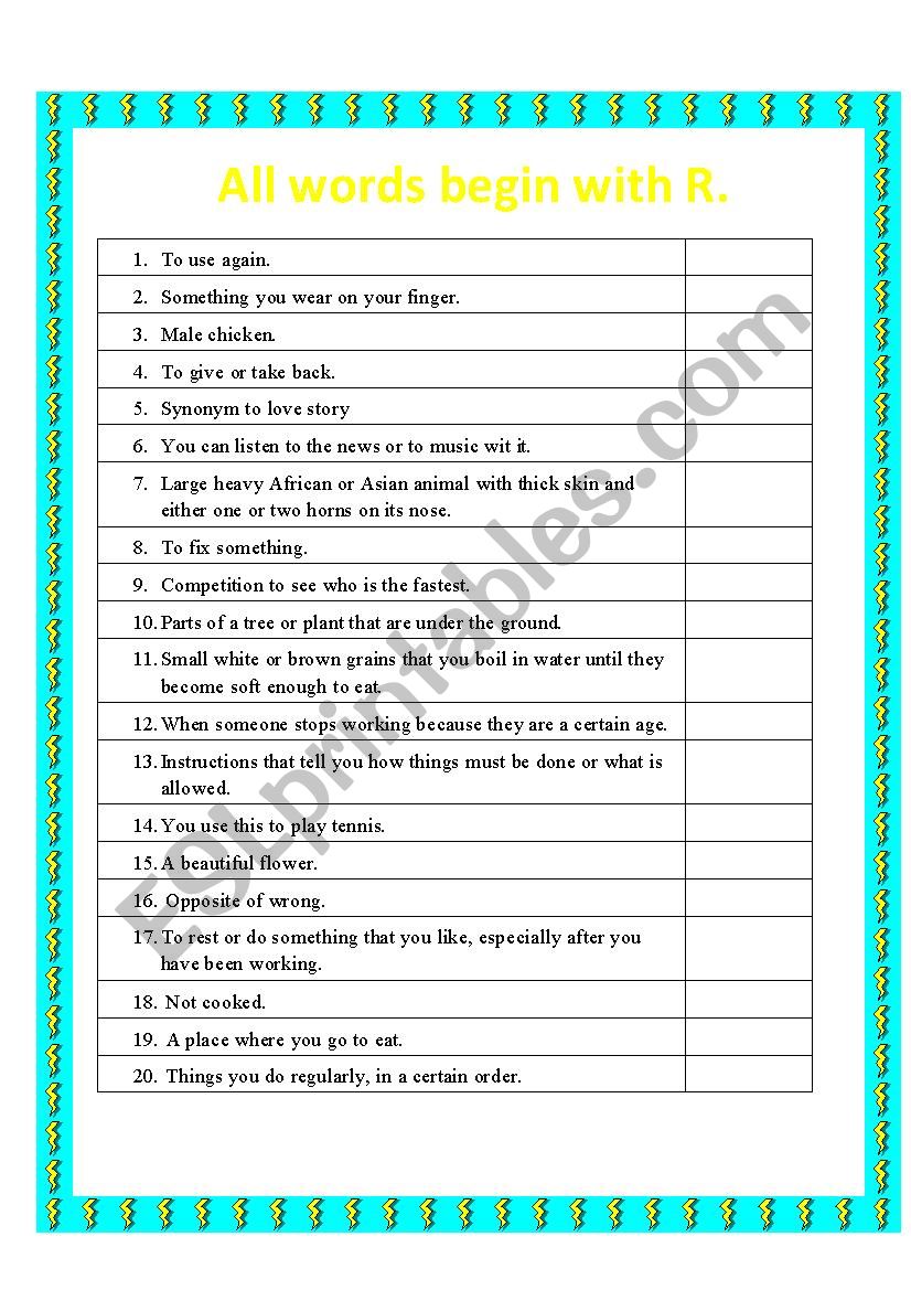 All words begin with R worksheet