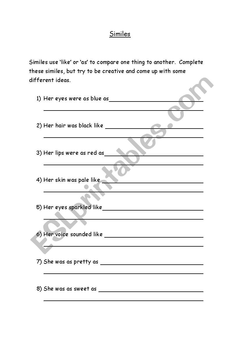 Similes worksheet