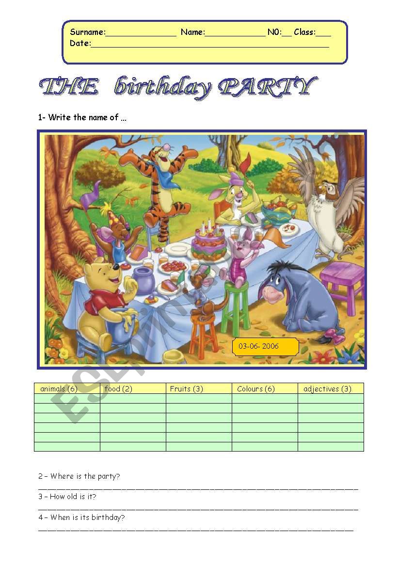 The birthday party worksheet