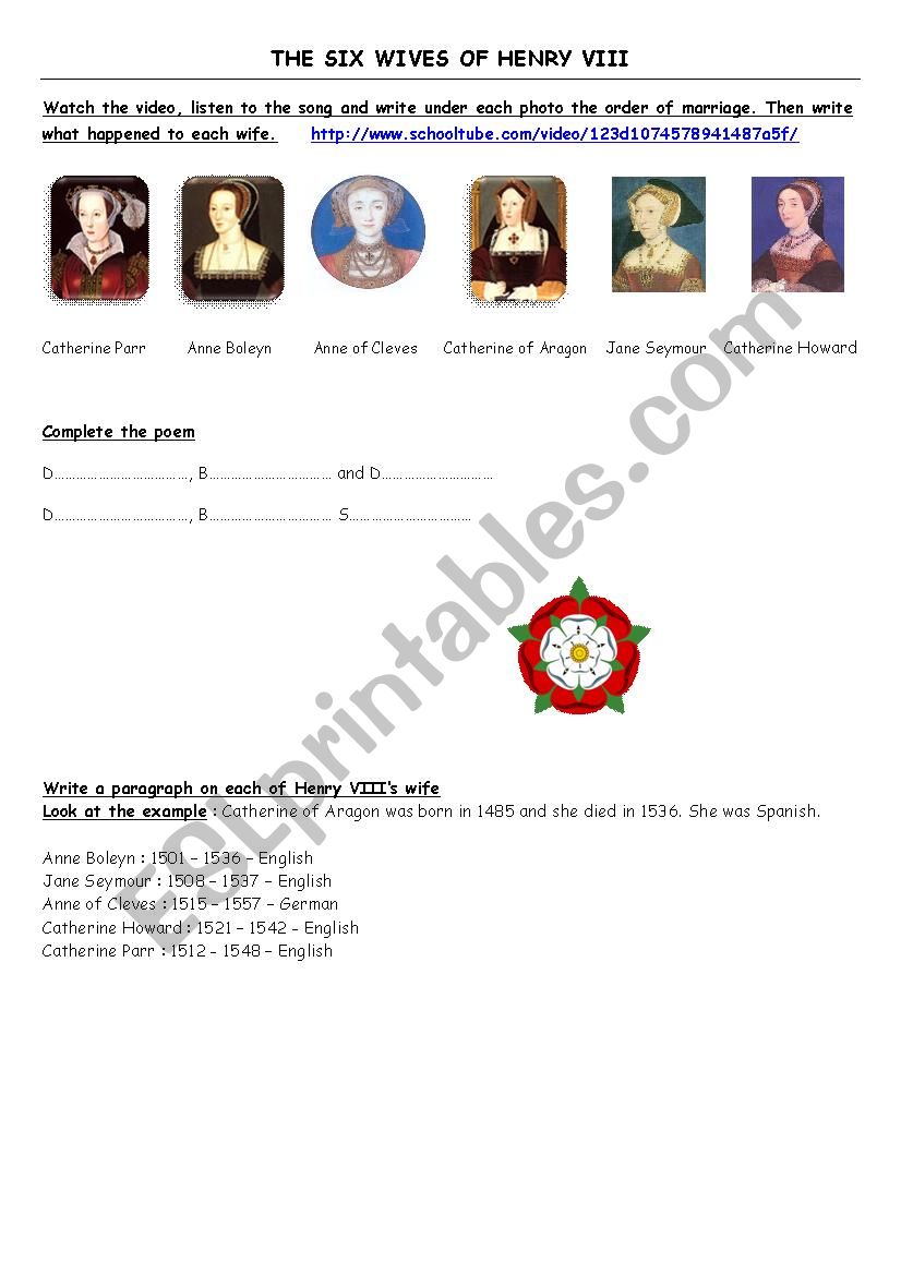 The six wives of Henry VIII worksheet