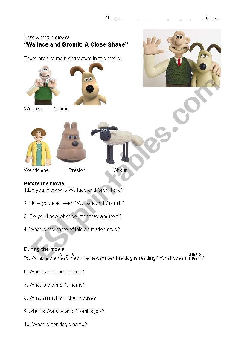 Wallace and Gromit  - A Close Shave movie worksheet