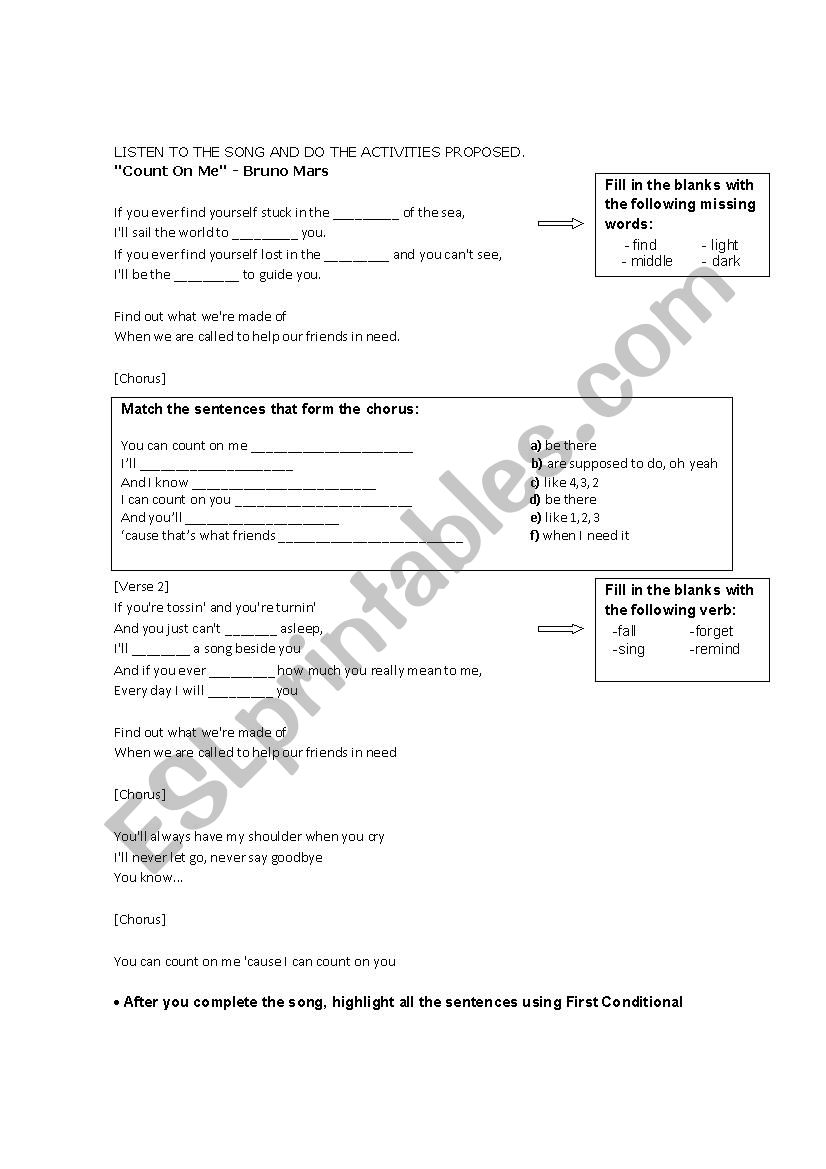 Count on me - Listening Activity Song